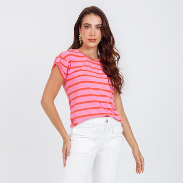 CAMISETA RAYAS PARA MUJER MANGA CORTA CON CHARRETERA