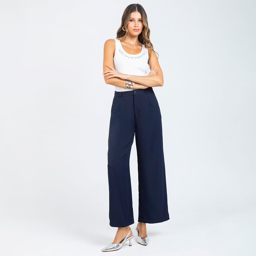 PANTAL¨®N  WIDE LEG PARA CON PRENSES AZUL OSCURO