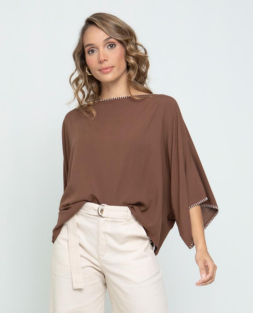 BLUSA TIPO PONCHO PARA MUJER CON PUNTADA ARTESANAL EN ESCOTE Y MANGAS