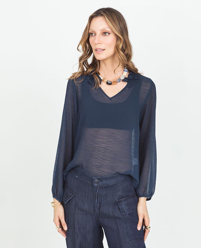 BLUSA EN TRANSPARENCIA PARA MUJER MANGA LARGA CON VOLUMEN ESCOTE V CON BOLERO