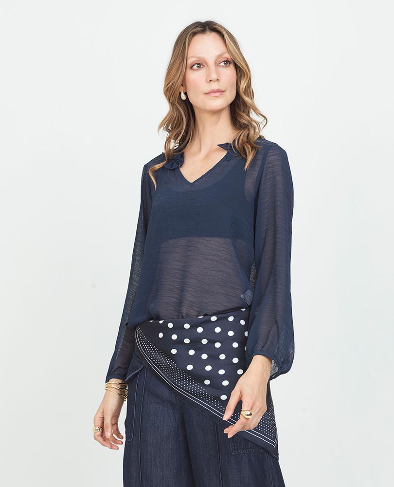 BLUSA EN TRANSPARENCIA PARA MUJER MANGA LARGA CON VOLUMEN ESCOTE V CON BOLERO