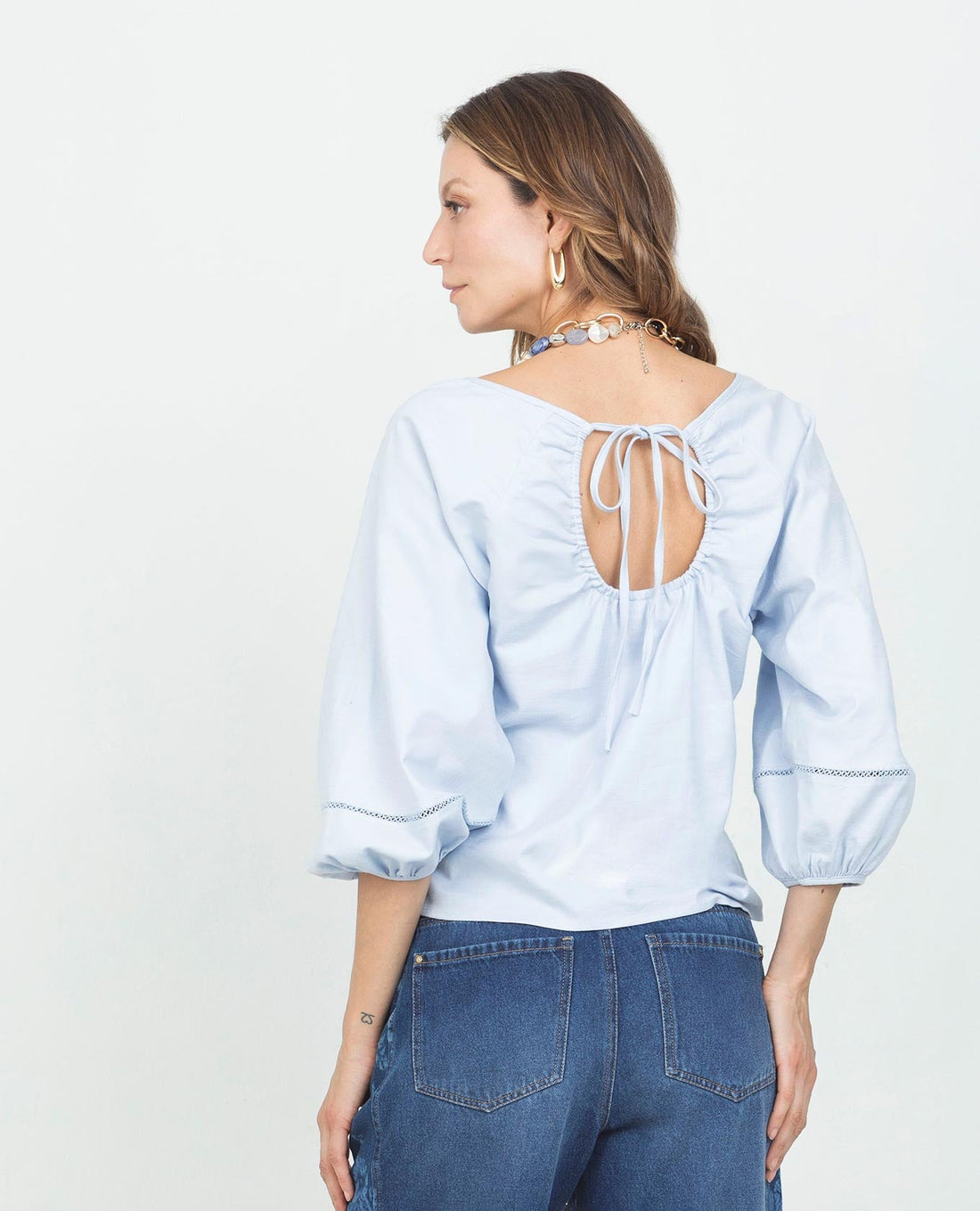 BLUSA MANGA 3/4 PARA MUJER MANGA RANGLAN CON PUNTADA ARTESANAL ESCOTE RECOGIDO