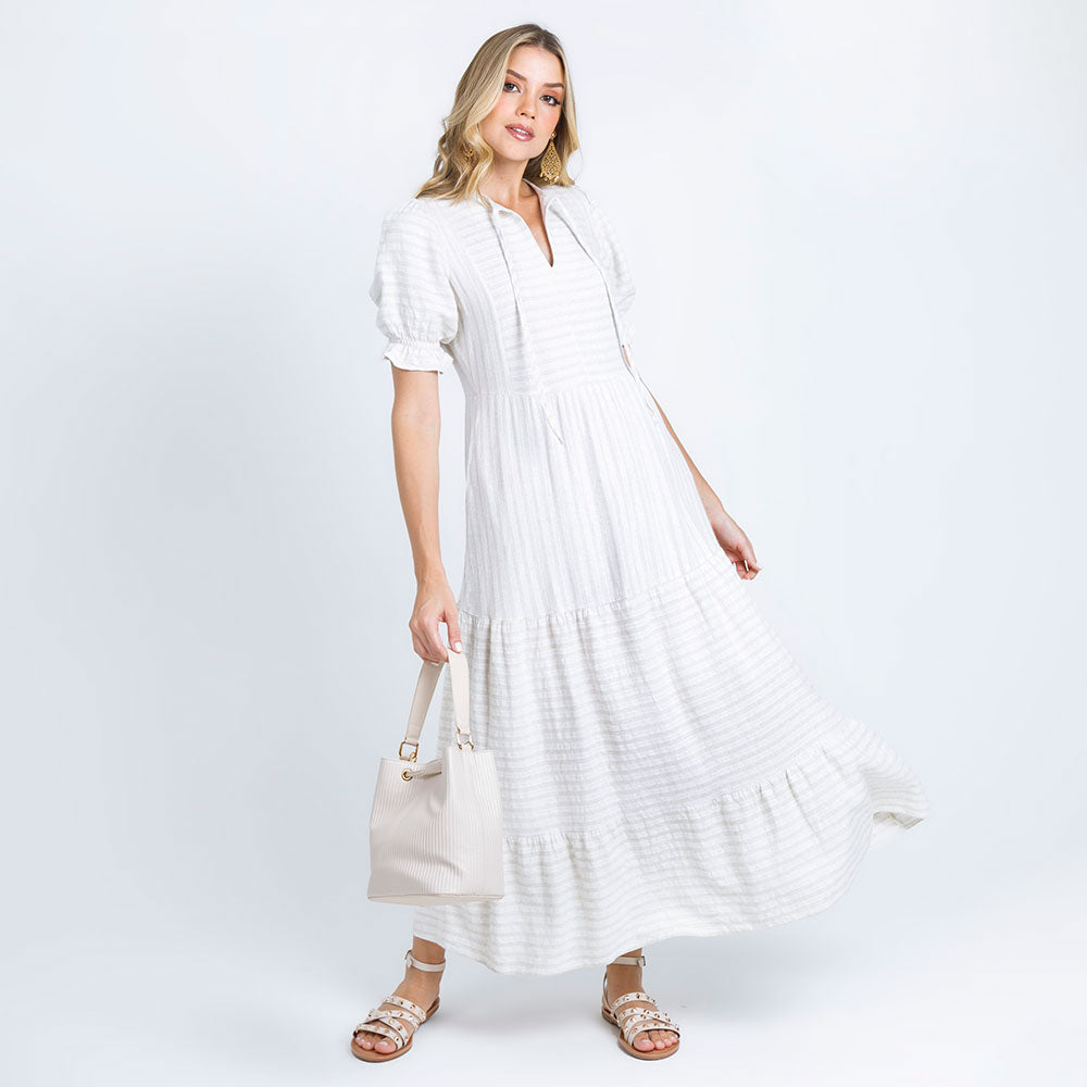 VESTIDO LARGO EN LINO CON TIRAS PARA ANUDAR - BEIGE