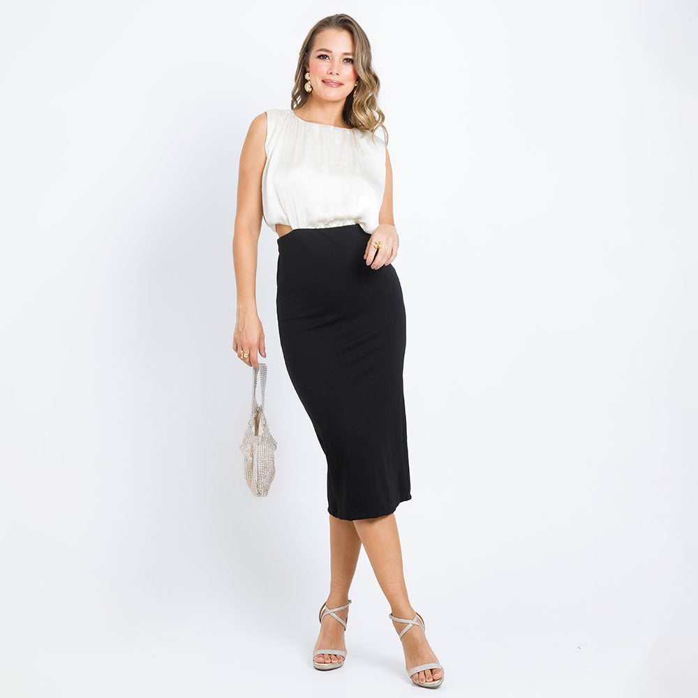 VESTIDO MIDI PARA MUJER EN MEZCLA DE TELAS CON FALDA LAPIZ Y SUPERIOR ABLUSADO