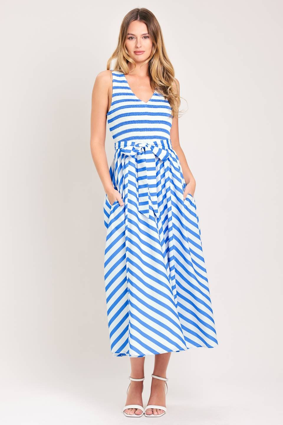 Midi dress blue and white stipes