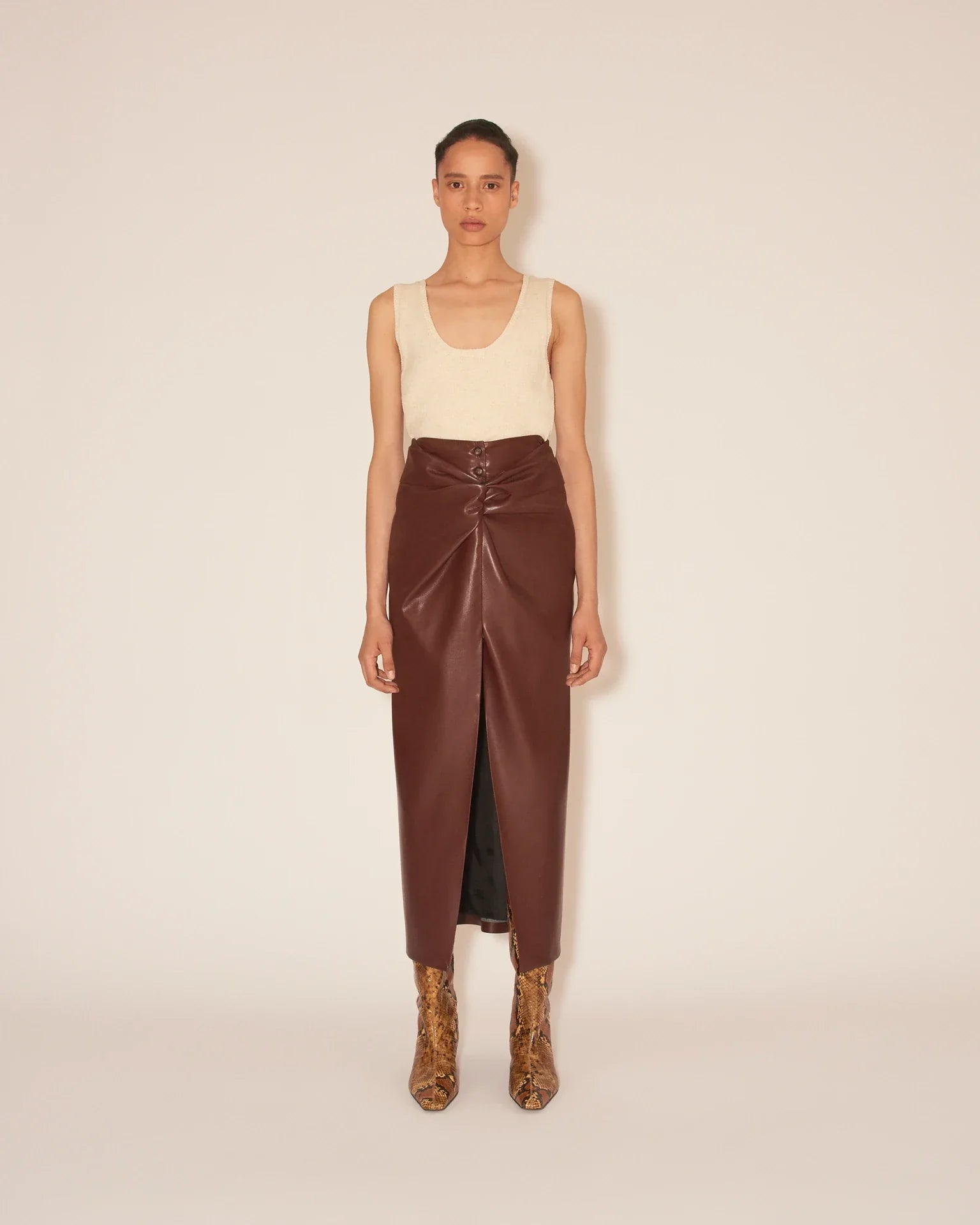 Leane Knotted OKOBOR? Alt-leather Front Sarong Style Skirt
