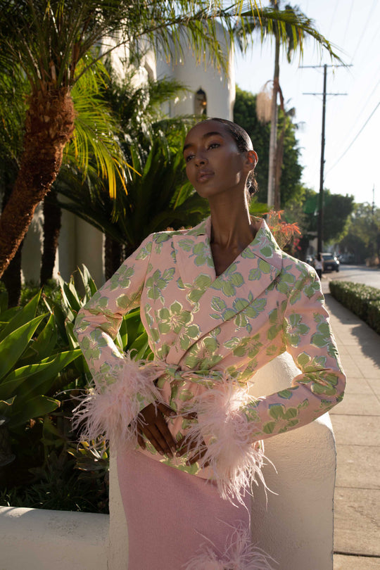 Pink Jacquard Jacket With Detachable Feather Cuffs