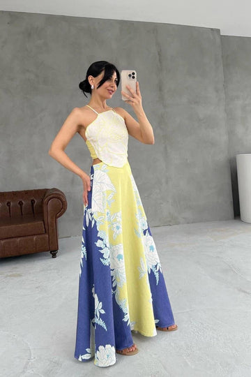 Vestido Largo Estampado Amarillo con Cut-Out | TEN22