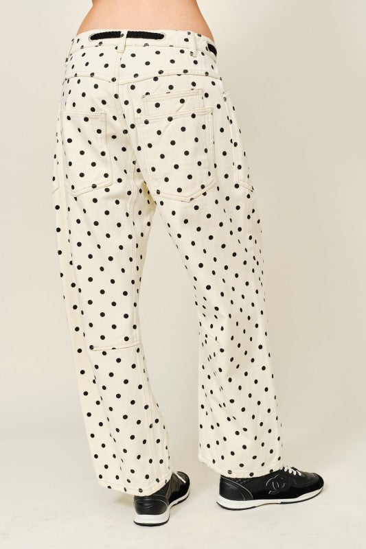 Dot Barrel Denim Pants With Eyelet Waist