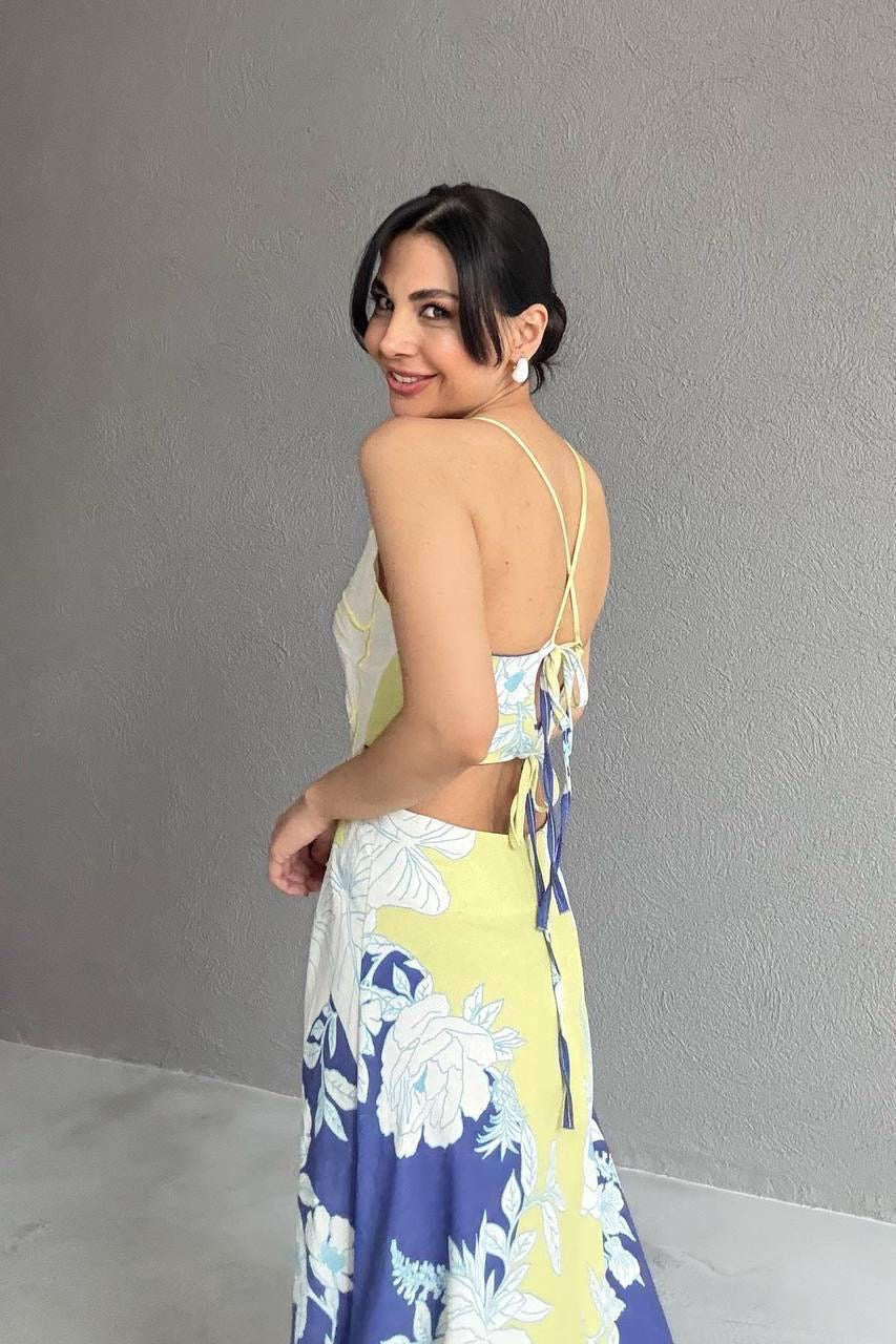 Vestido Largo Estampado Amarillo con Cut-Out | TEN22