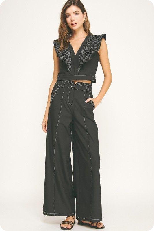 Set negro sin mangas con volantes y pantal¨®n ancho
