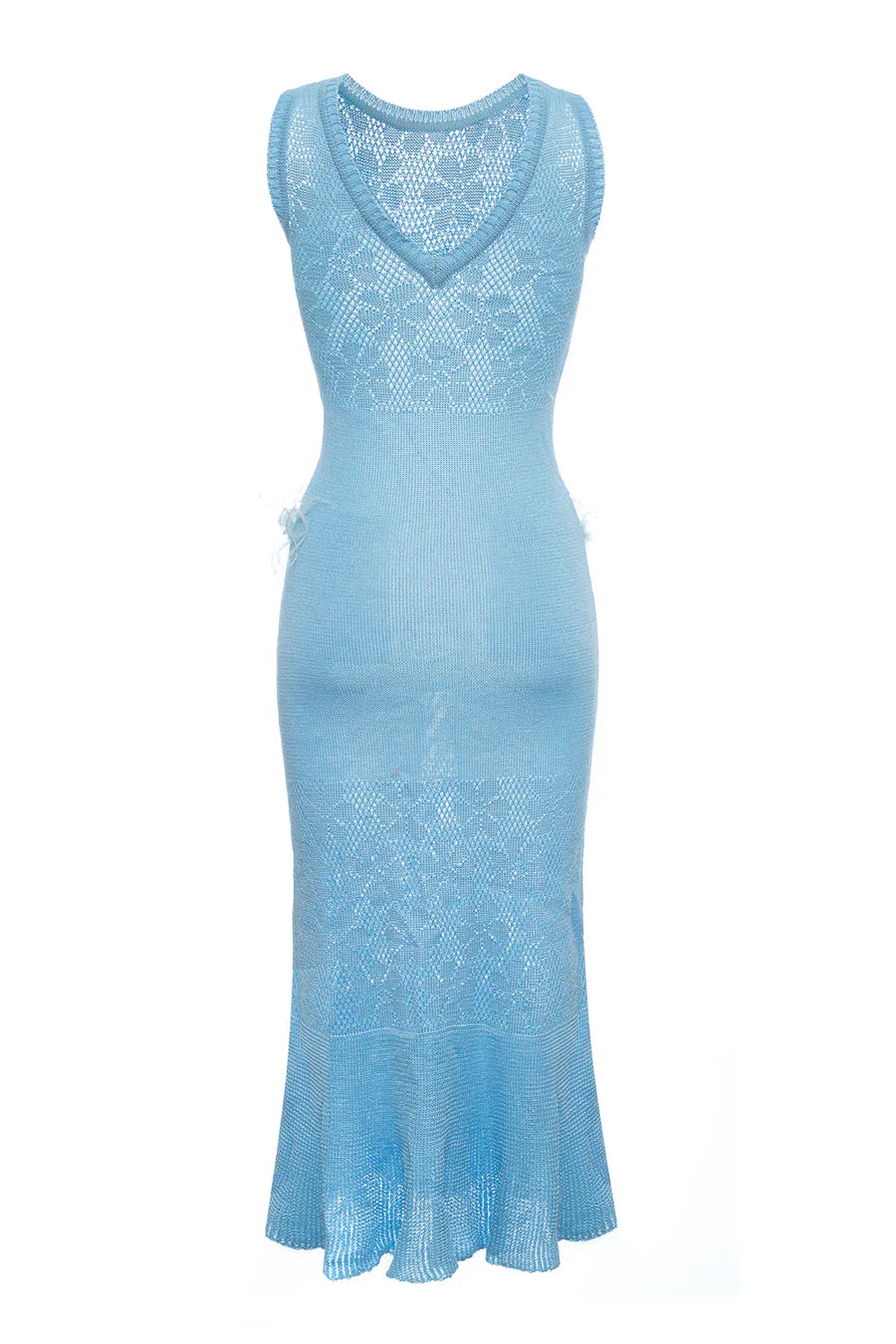 Blue Knit Midi Dress with Feathers