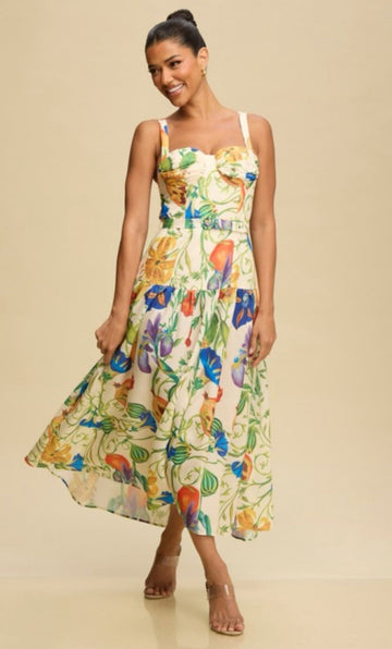 Vestido Largo Estampado con Falda en A y Tirantes Finos