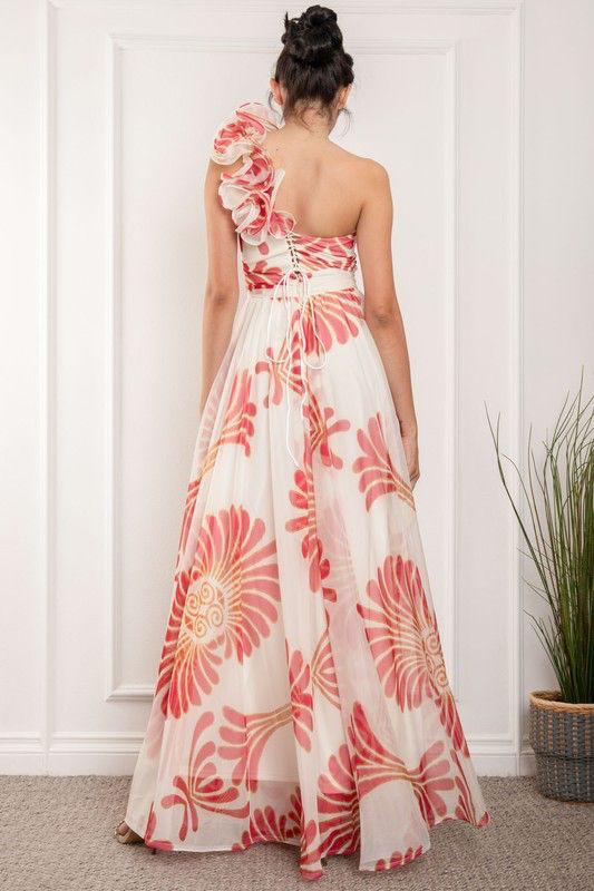 Vestido de Fiesta Asim¨¦trico con Flores Vinotinto | Rosevelvet