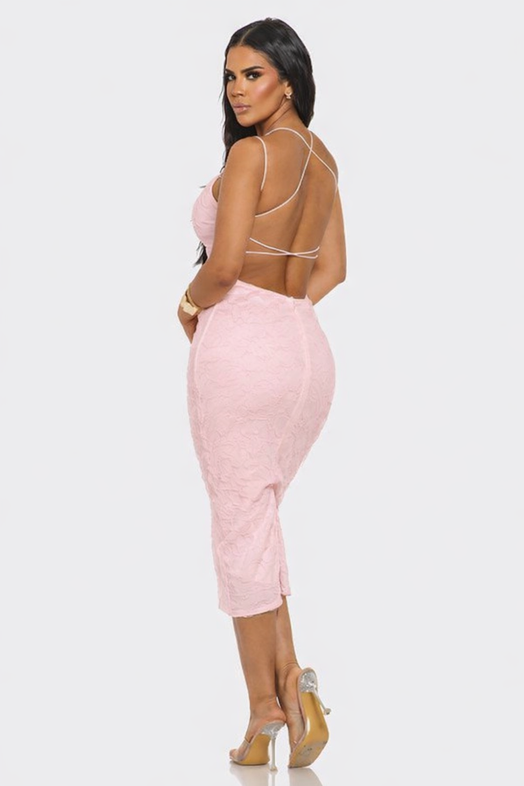 Baby pink Dress with low back.