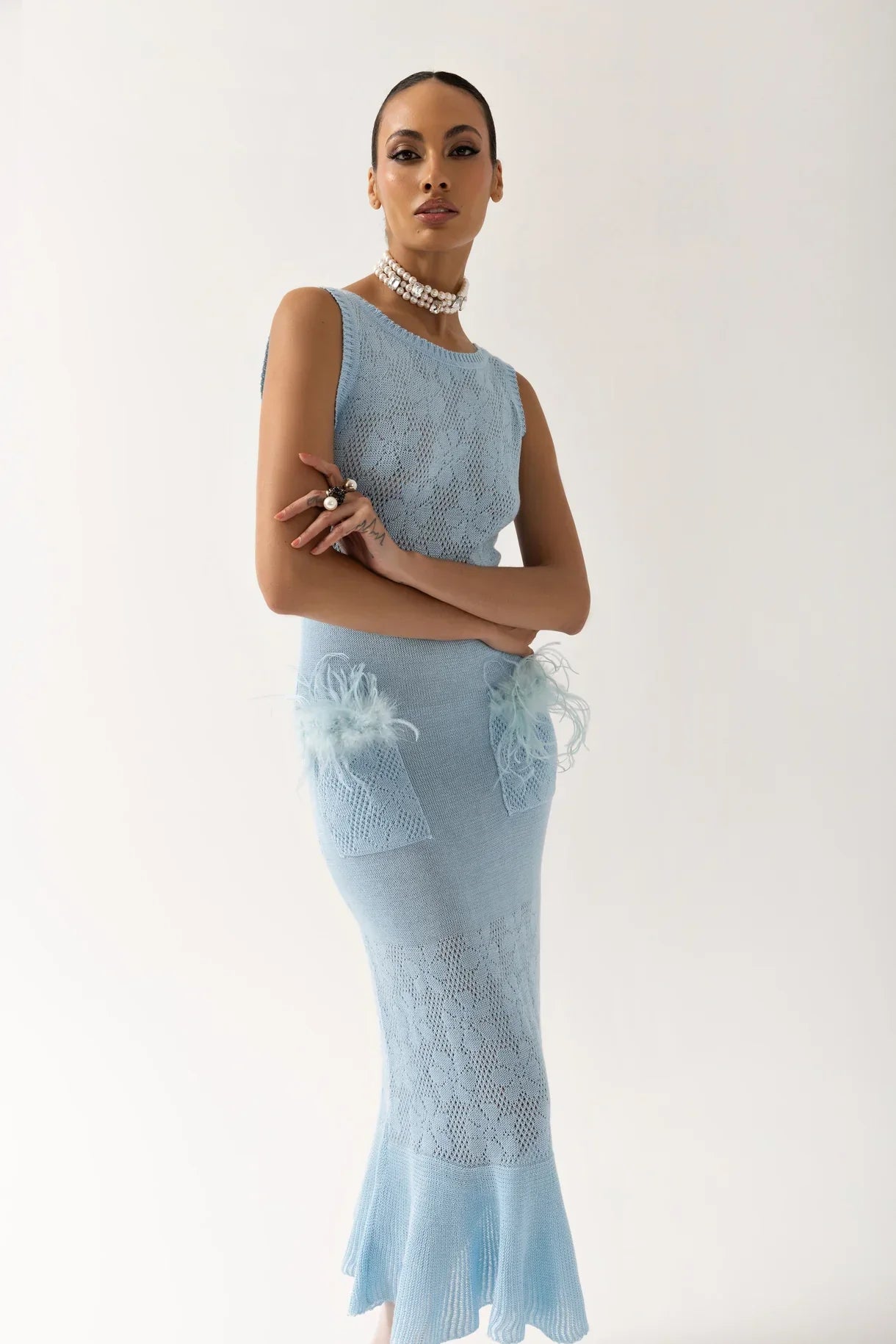 Blue Knit Midi Dress with Feathers