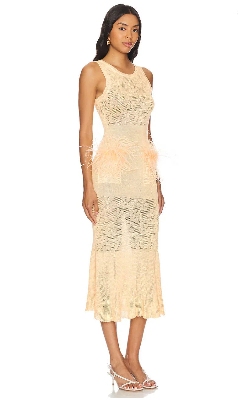 Butter Yellow Knit Midi Dress with Feathers