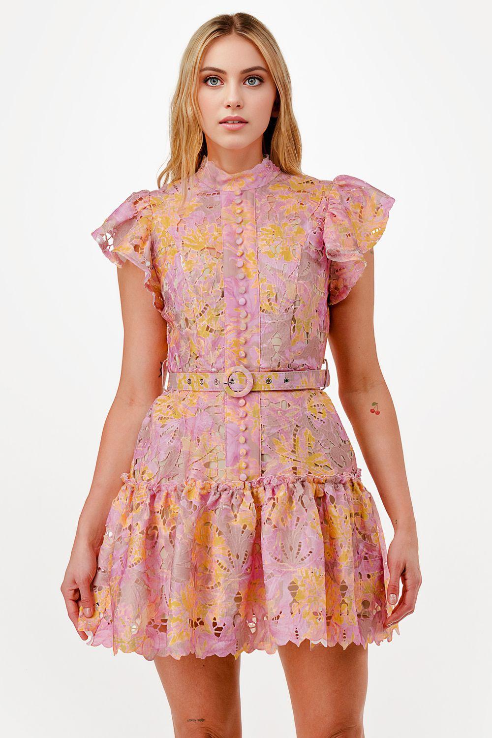 Vestido corto en encaje floral multicolor