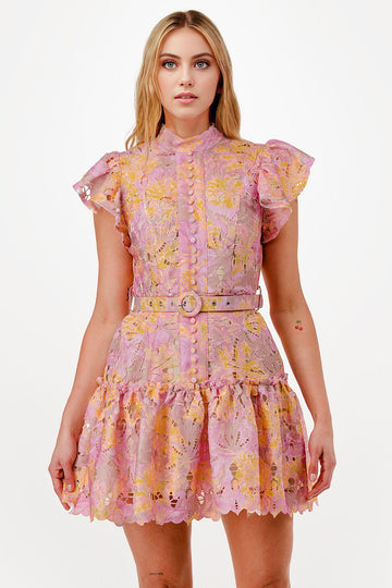 Vestido corto en encaje floral multicolor