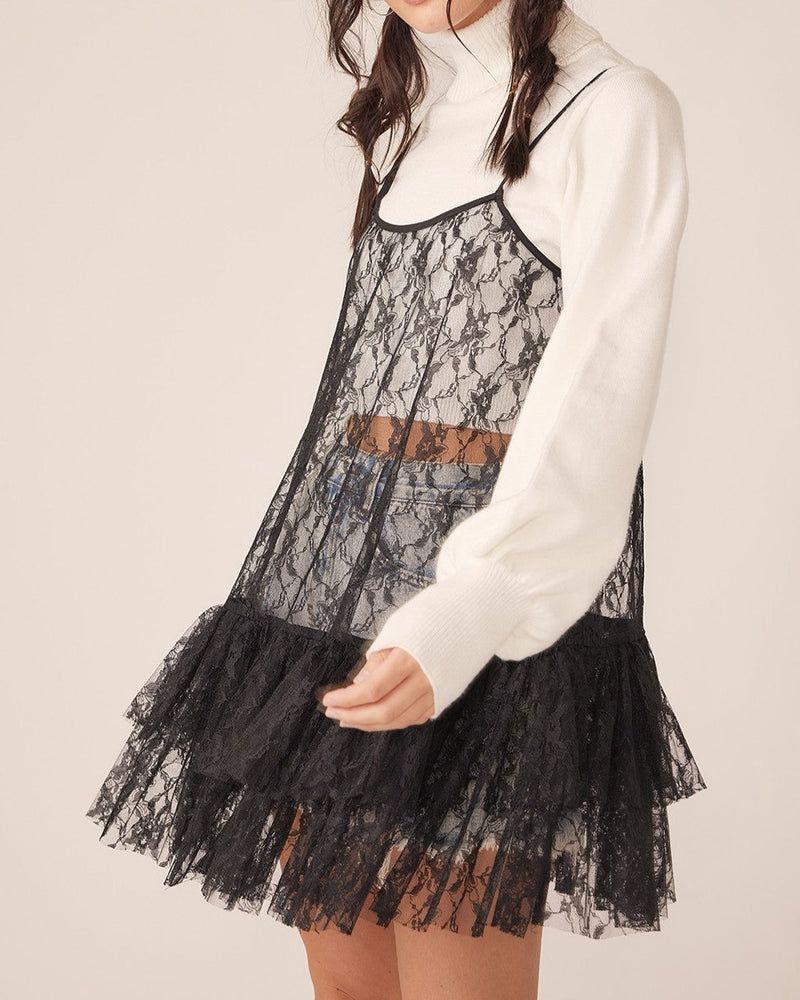 Vestido corto en encaje negro transparente