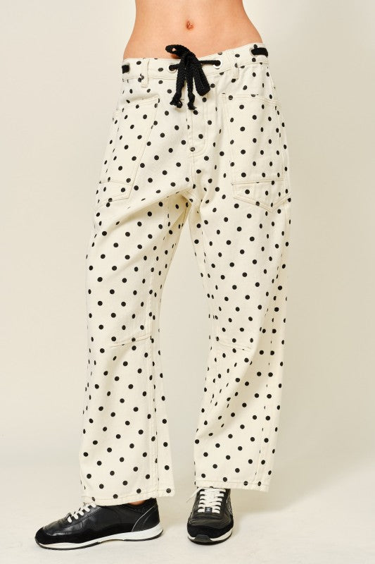 Dot Barrel Denim Pants With Eyelet Waist