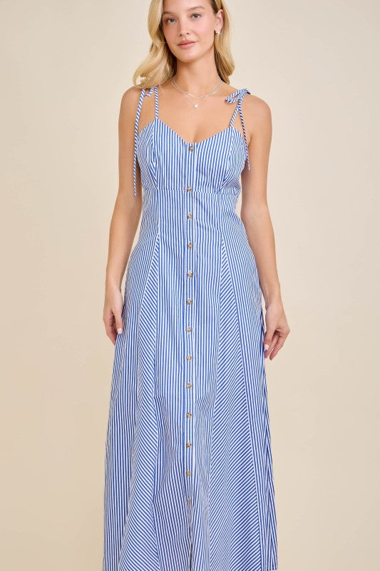 Striped tie-shoulder botton front dress