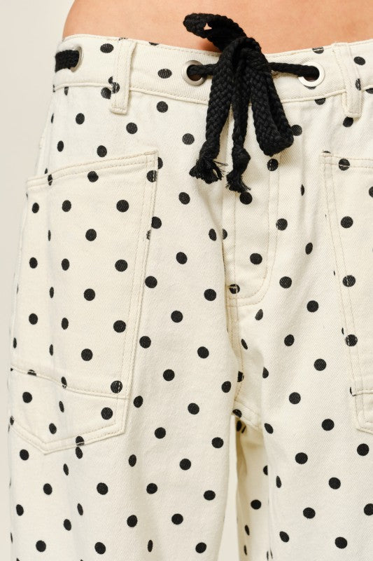 Dot Barrel Denim Pants With Eyelet Waist