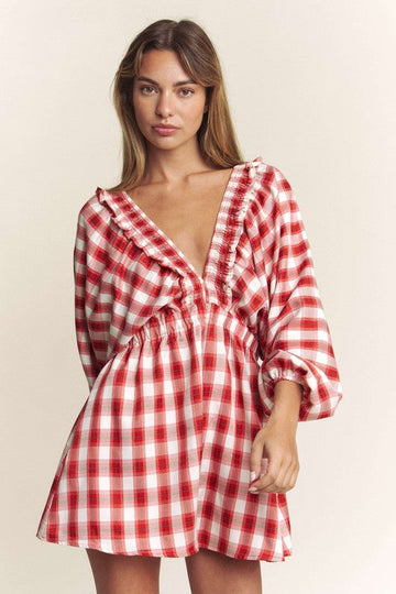 Red Plaid Bohemian Romper with V-Neckline ¨C Short Boho Chic Style Bohemian
