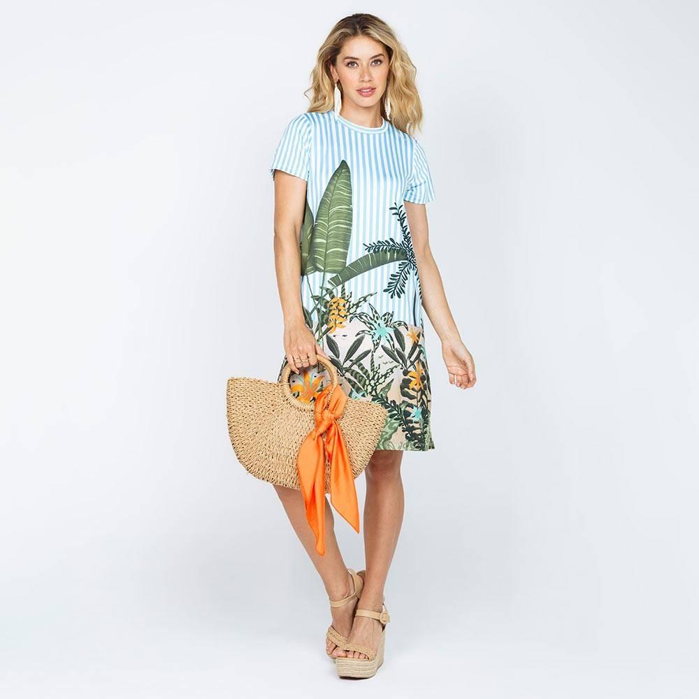 VESTIDO CORTO CON ESTAMPADO EXCLUSIVO - AZUL CLARO